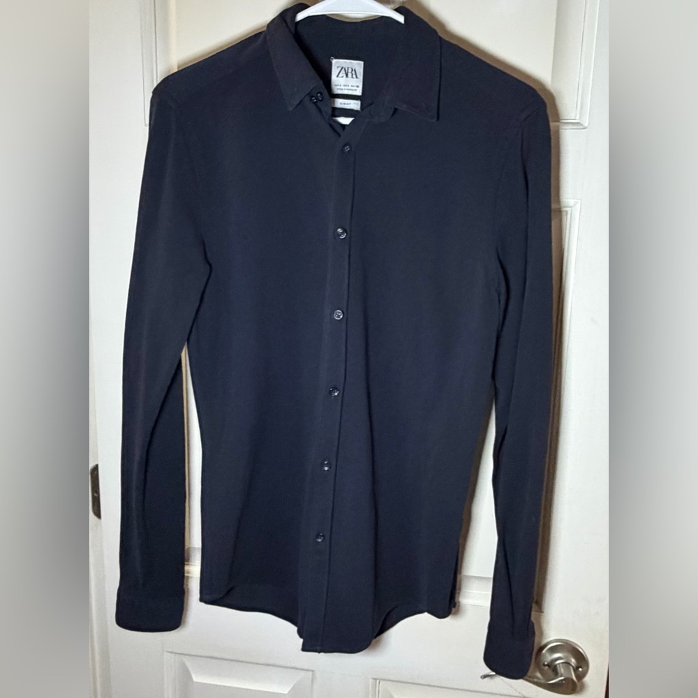 ZARA Men’s Slim Fit Textured Cotton Button-Up Shirt – Black – Size Smal